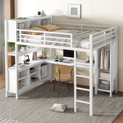 Metal Loft Bed with Wardrobe & L-Shaped Desk, White Queen D3283