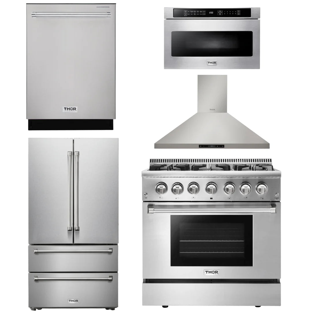 36 In. Propane Gas Range, Range Hood, Microwave Drawer, Refrigerator, Dishwasher W669