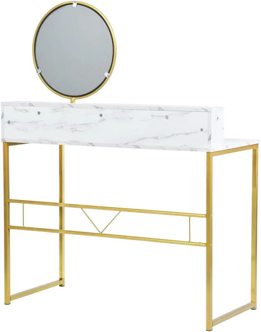 41-inch White Vanity Desk with Removable Circular Mirror T411