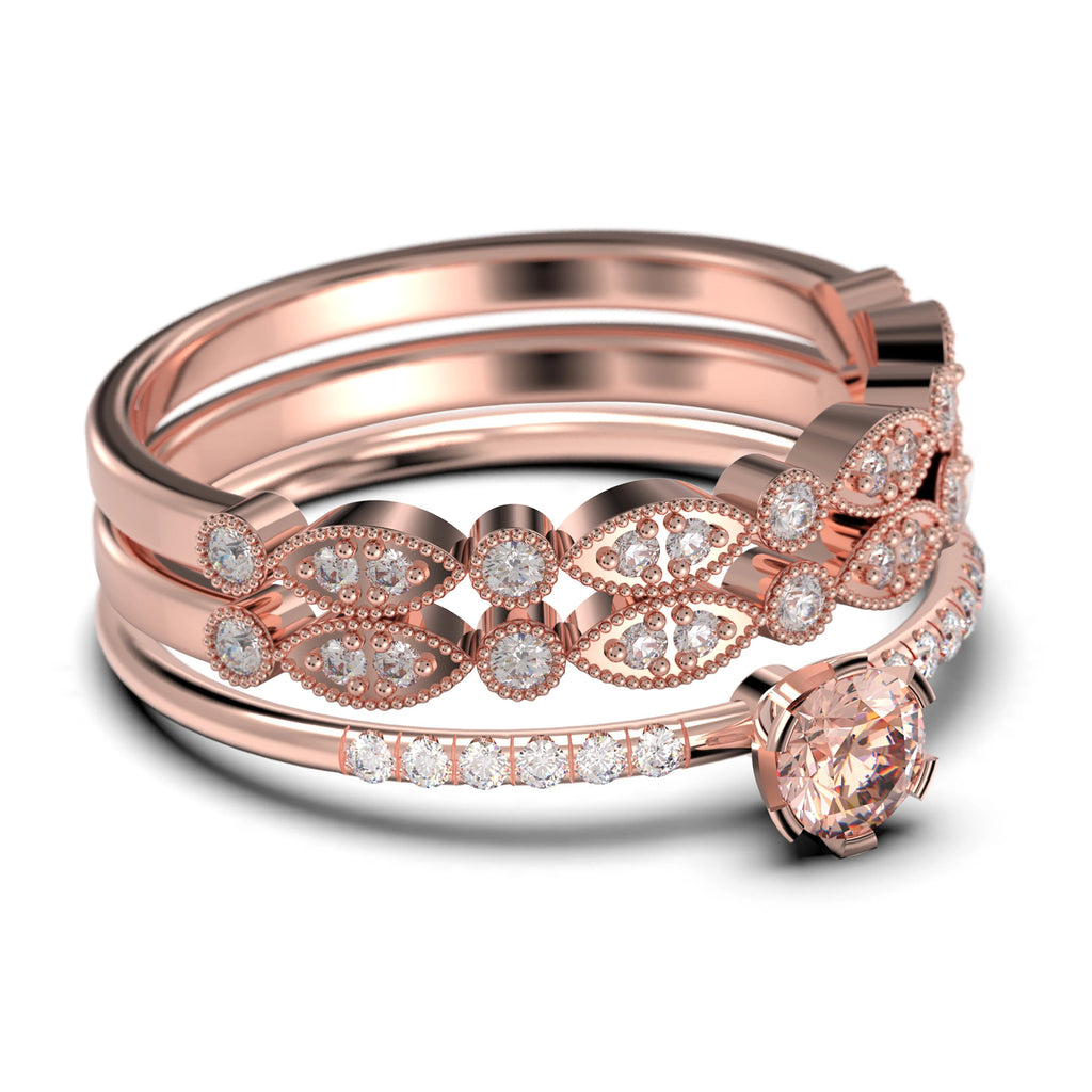 1.55 Carat Round Cut Morganite And Diamond Moissanite Engagement Ring Trio Set in 925 Sterling Silver With 18k Rose Gold Plating K652972