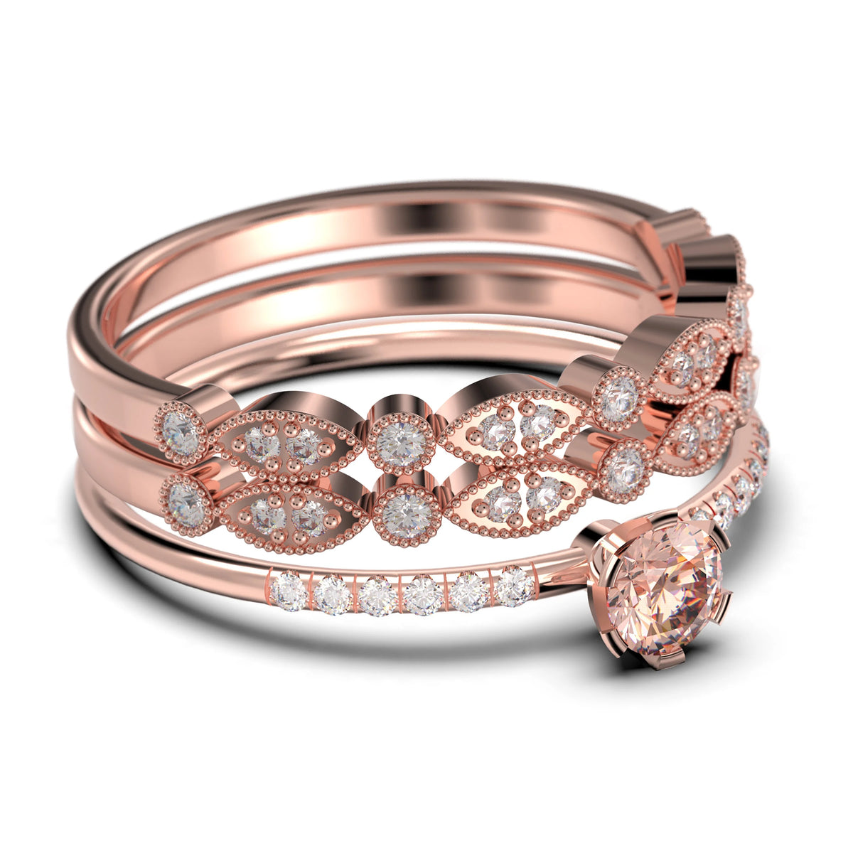 1.55 Carat Round Cut Morganite And Diamond Moissanite Engagement Ring Trio Set in 925 Sterling Silver With 18k Rose Gold Plating K652972