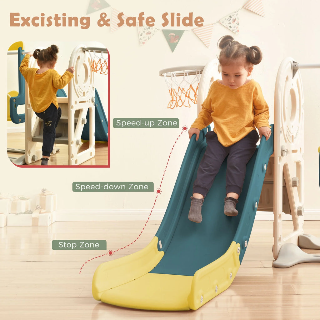 5-in-1 Kids Slide and Swing Set with Bus Playhouse, Basketball Hoop, Climber, Green X582179