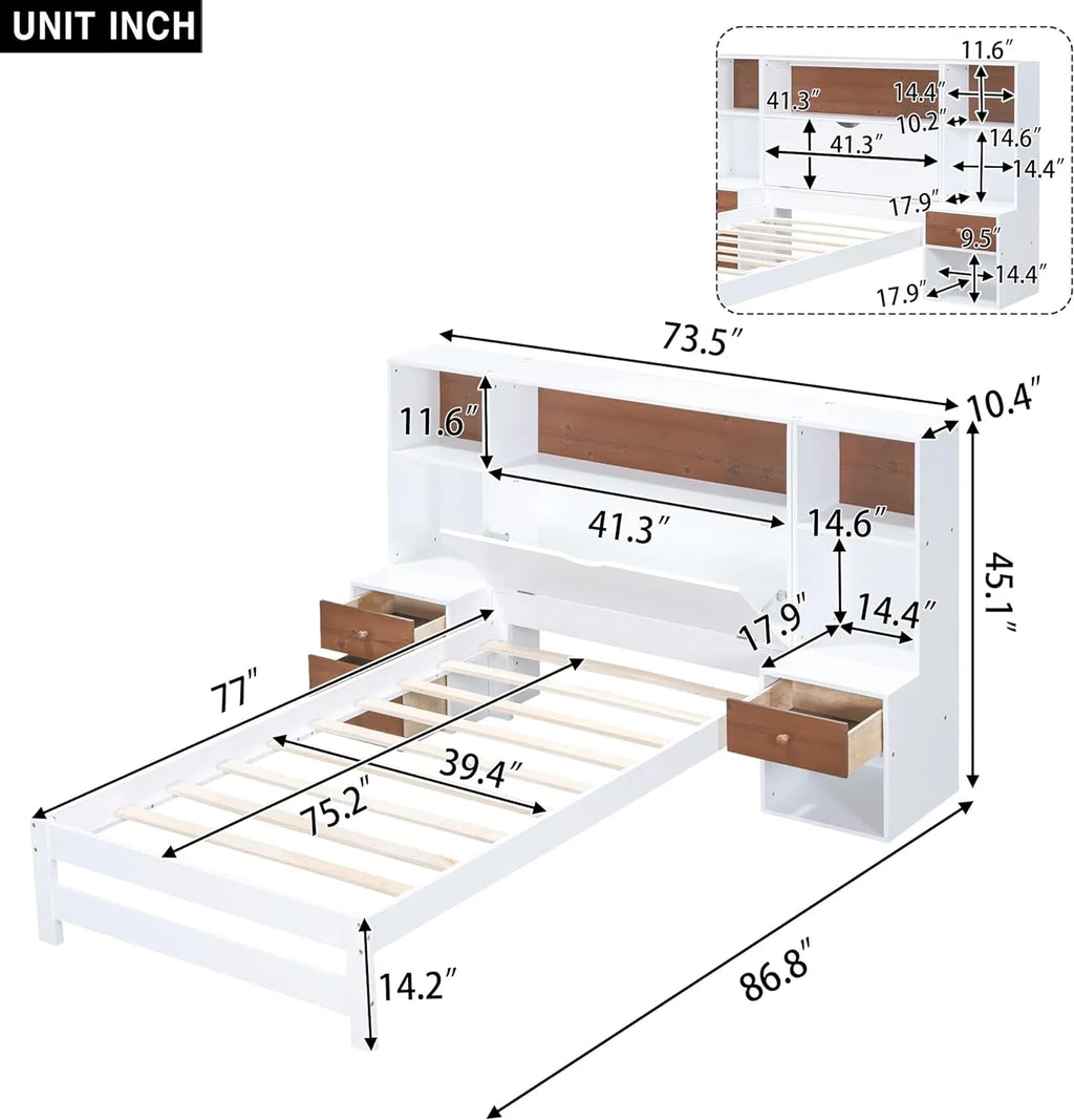 Twin Size Wood Platform Bed with Storage Headboard and Drawers P3014