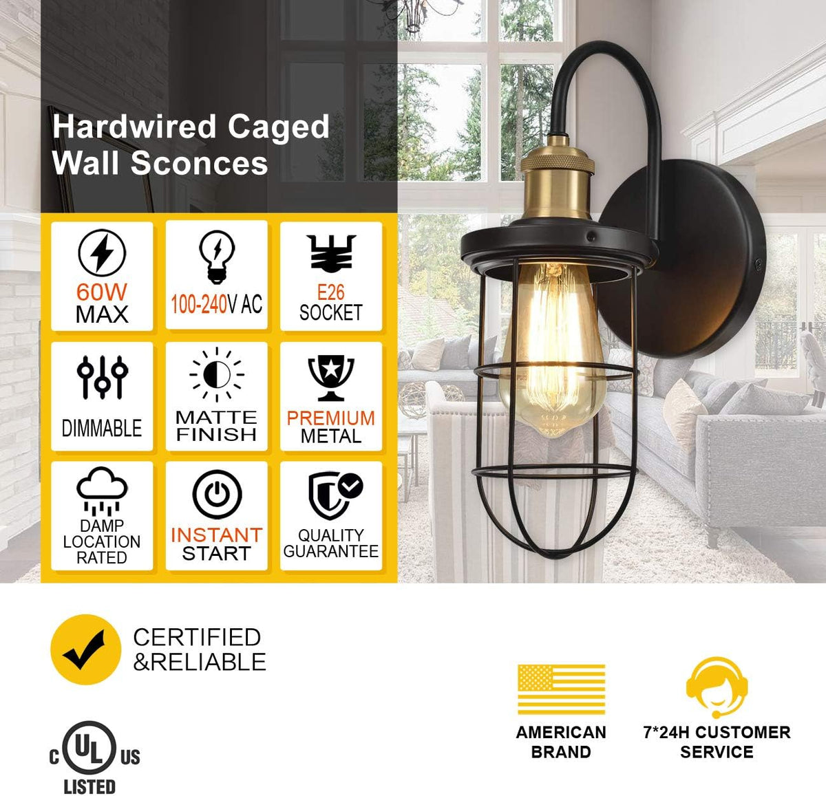 Farmhouse Wall Sconces with Cage Shade, Black and Gold, Set of Two R447