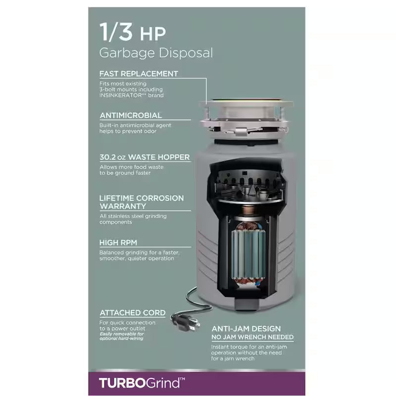 1/3 hp Continuous Feed Garbage Disposal with Power Cord U660