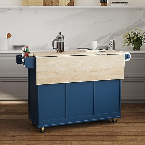 Off-White Mobile Kitchen Island Cart with Drop Leaf Breakfast Bar K90774