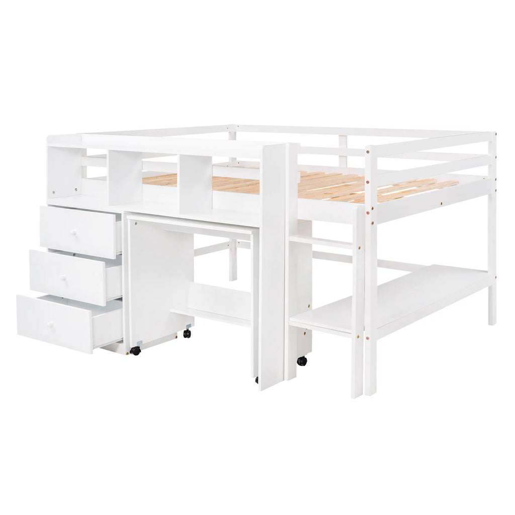 White Wood Full Size Low Loft Bed Frame with 3 Storage Drawers Y7439
