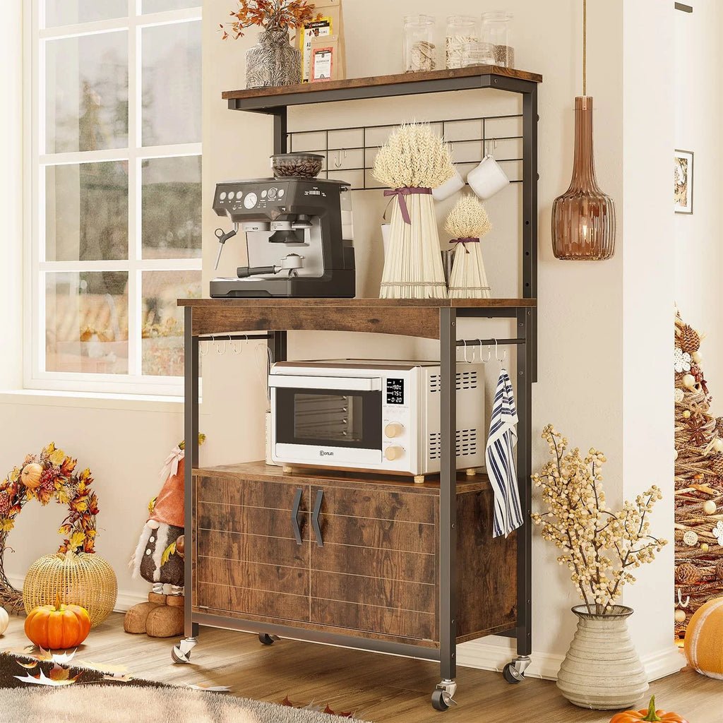 Rustic Brown Bakers Racks with Storage Cabinet, Height-Adjustable 45" to 55" Microwave Stand with Wheels & Feet S37942