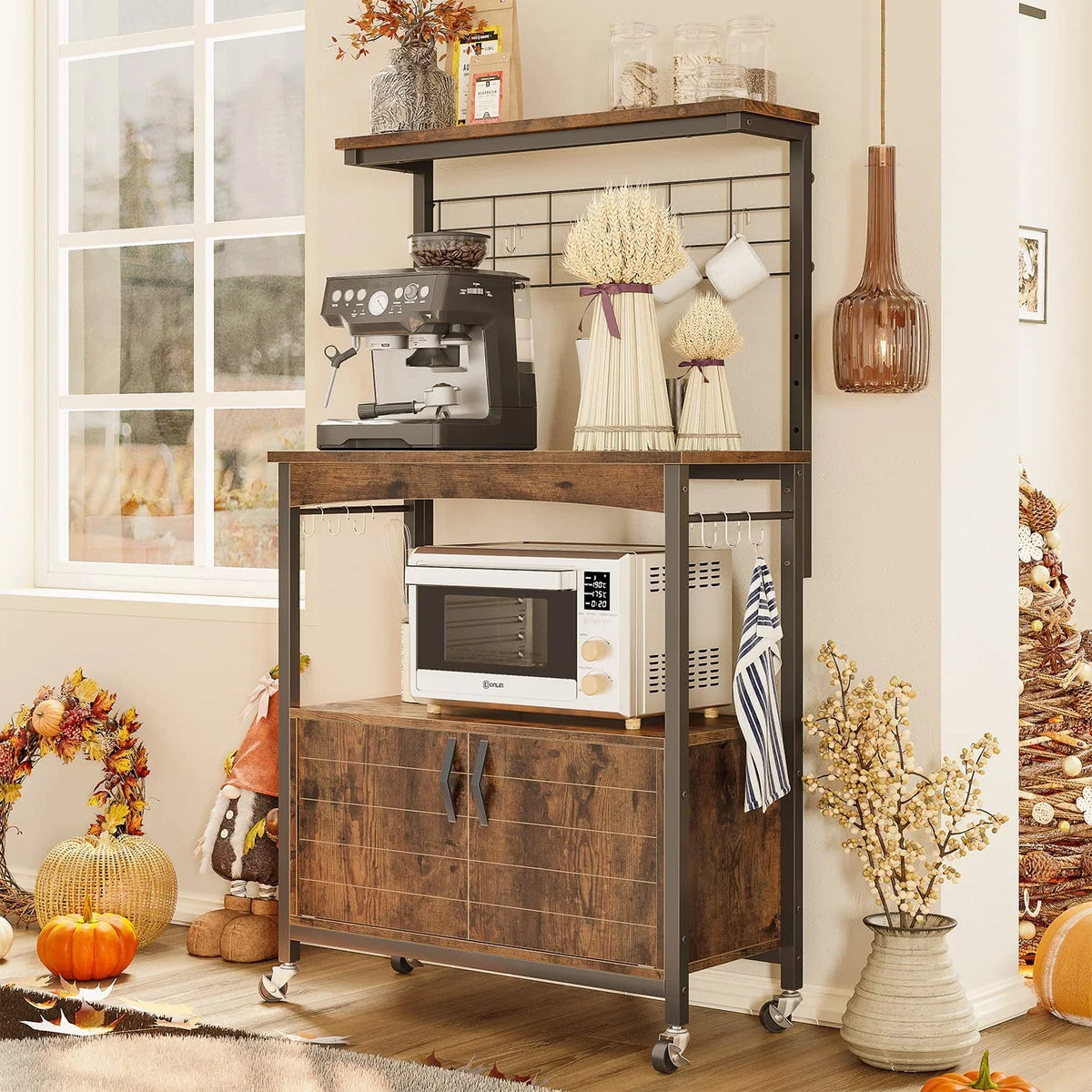 Rustic Brown Bakers Racks with Storage Cabinet, Height-Adjustable 45" to 55" Microwave Stand with Wheels & Feet S37942