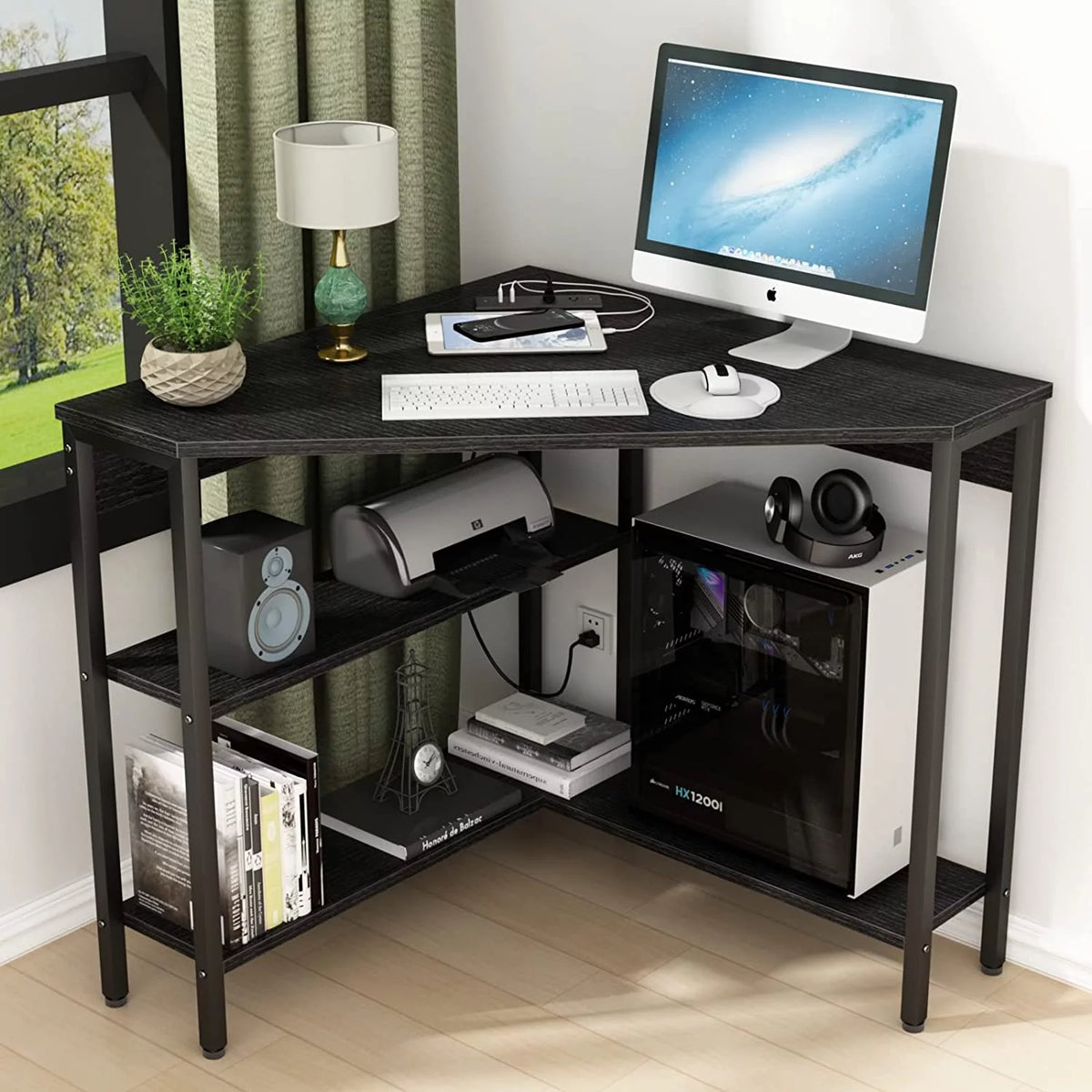 Corner Desk with Outlets USB Ports Storage Shelves Y915577