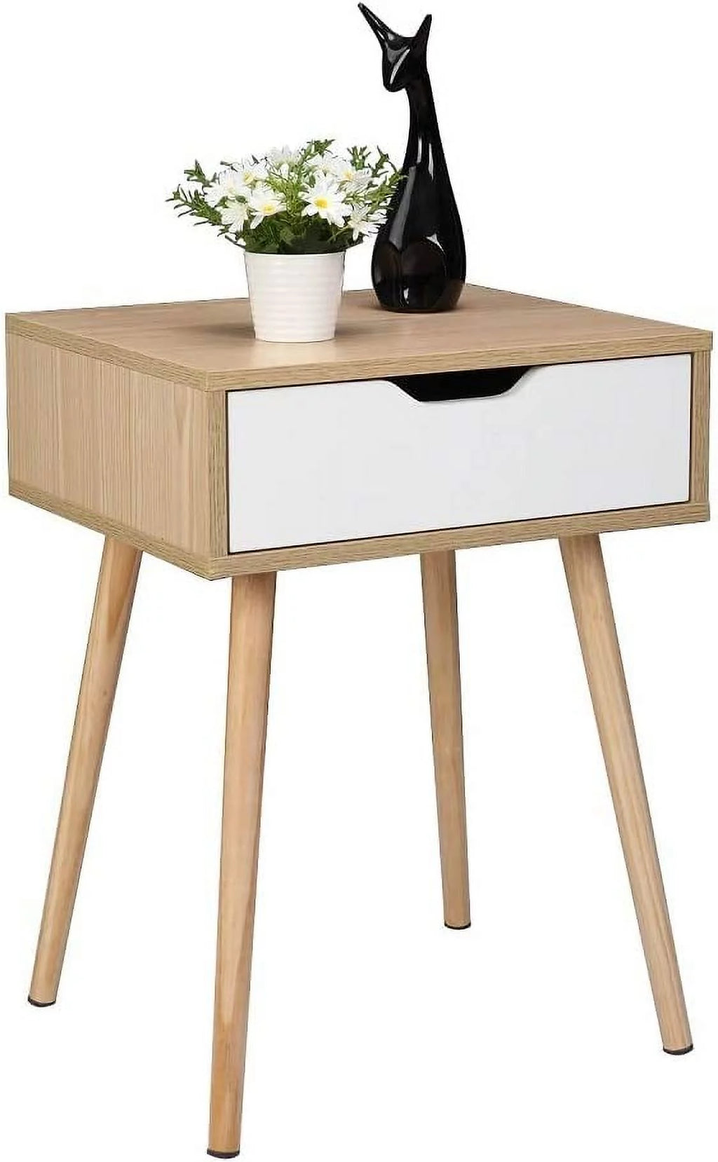Wood & White Nightstands Set of 2 with Drawer & Solid Wood Legs M879