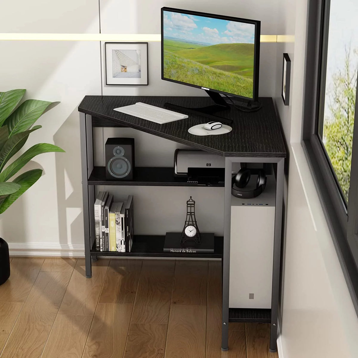 Corner Desk with Outlets USB Ports Storage Shelves Y915577