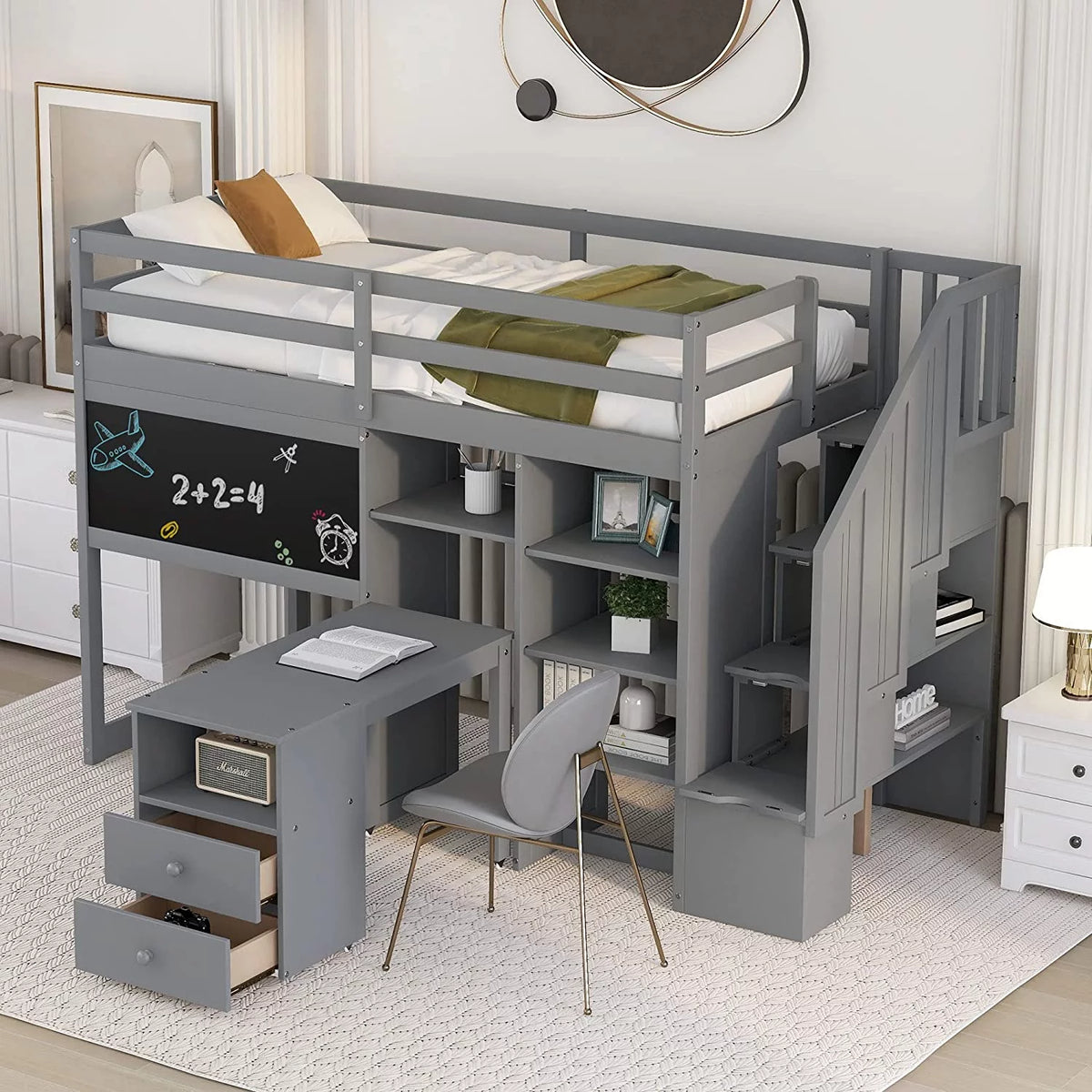 Twin Size Wood Loft Bed with Desk and Storage N88001