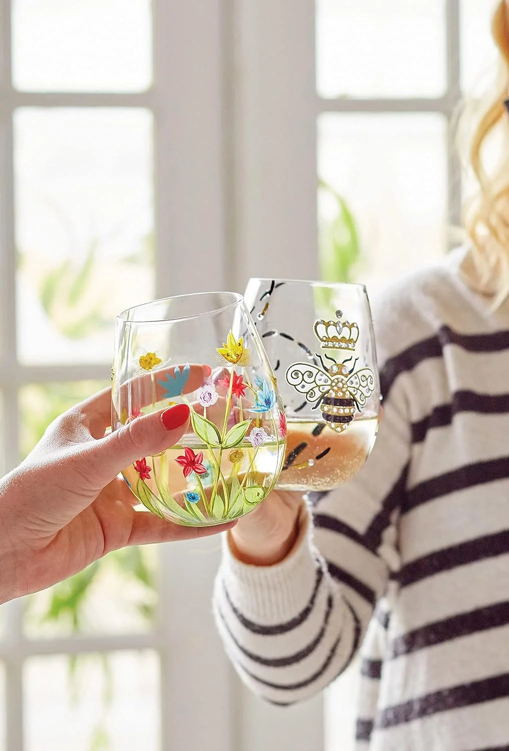Hand-Painted Stemless Wine Glass, 20 Ounce, Multicolor B220
