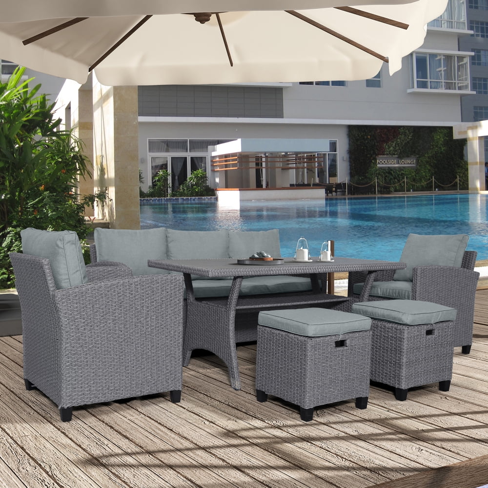 6-Piece Outdoor Rattan Wicker Sofa Chair Stools and Table Y171