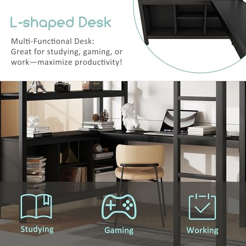 Metal Loft Bed with Wardrobe & L-Shaped Desk, White Queen D3283