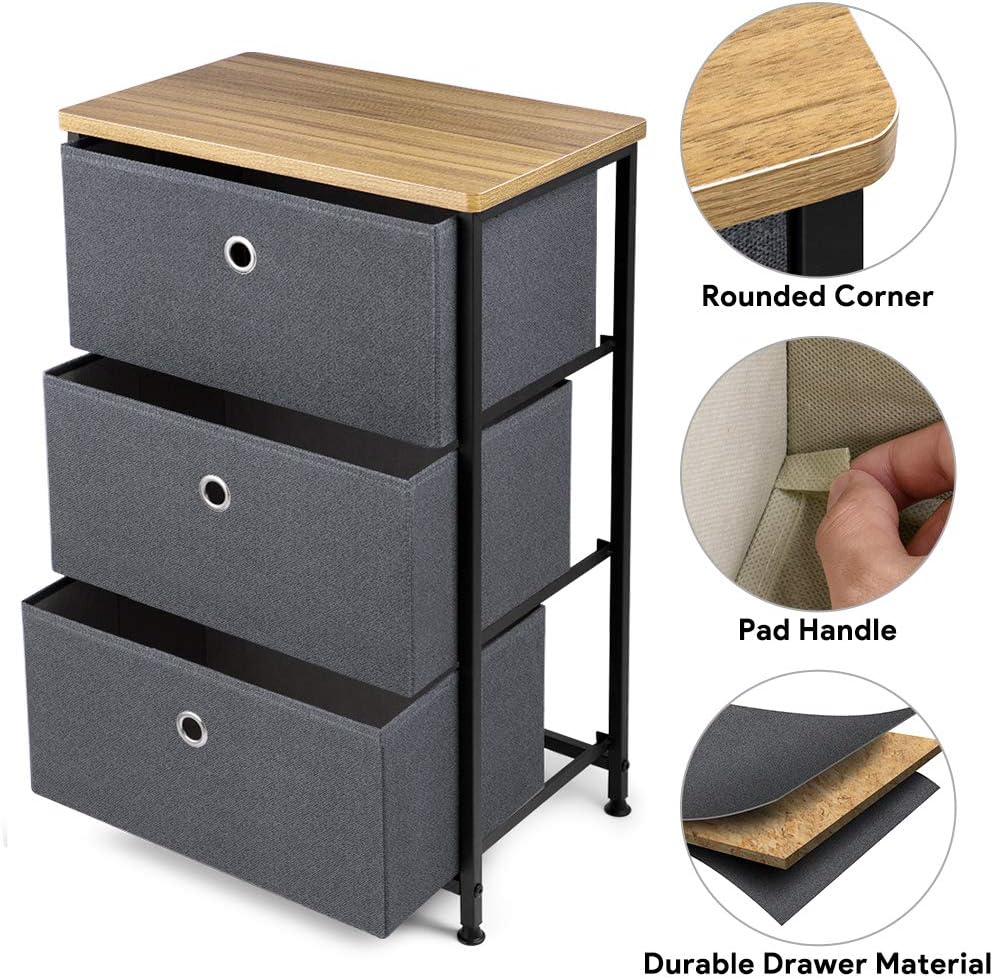 28" Vertical Dresser with 3 Drawers Fabric Nightstand with Steel Frame and Wood Top M9057