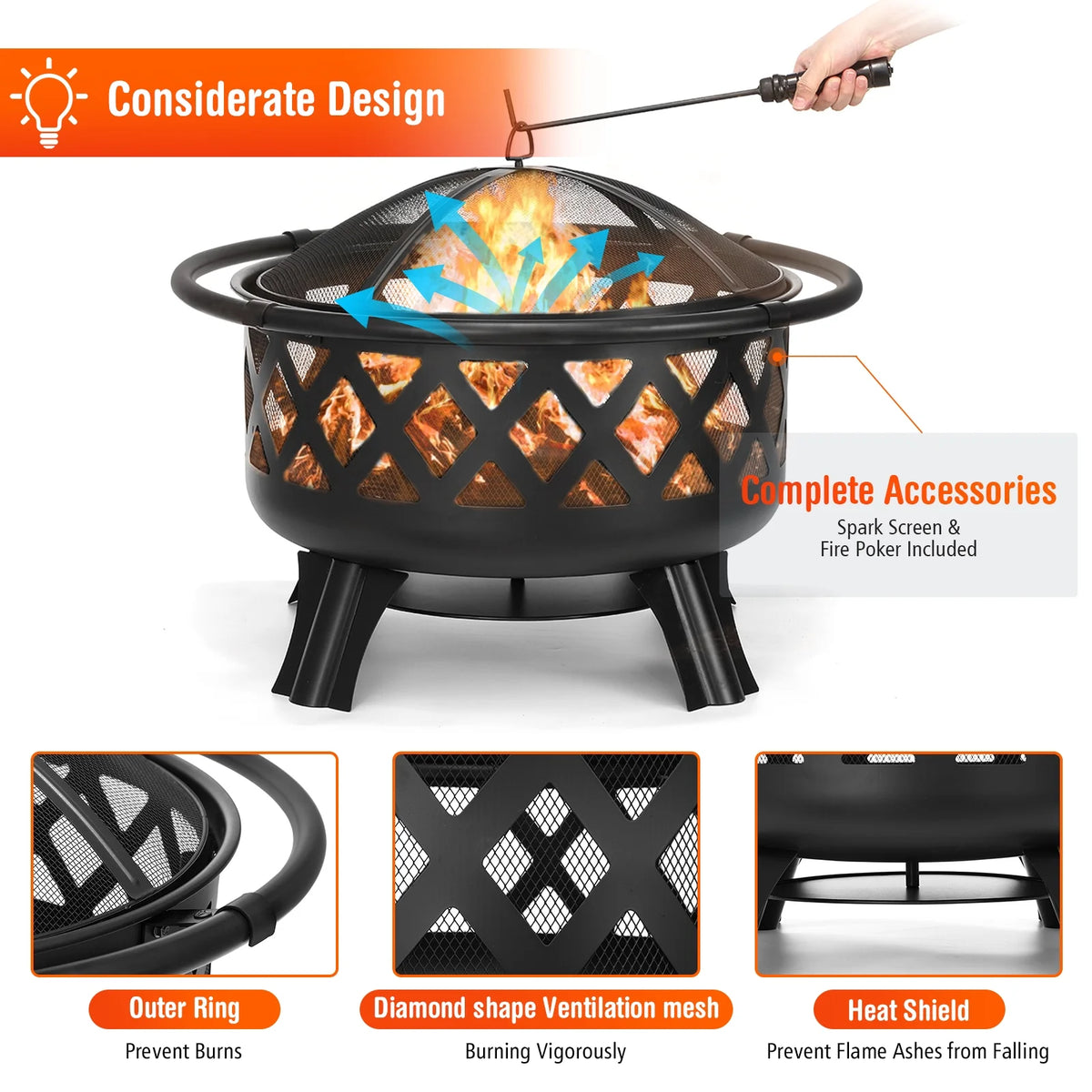 30 inch Wood Burning Fire Pit with Grate X789288