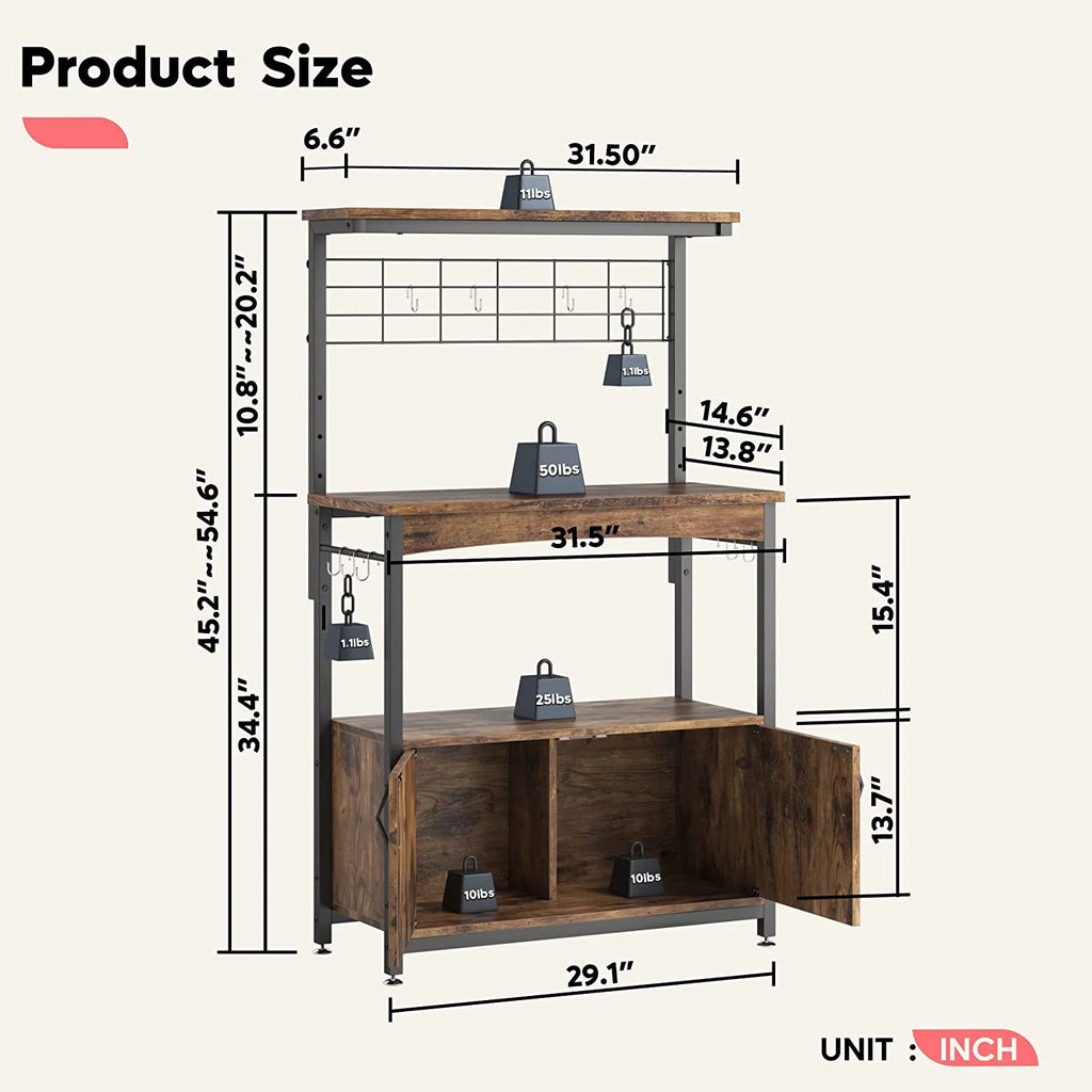 Rustic Brown Bakers Racks with Storage Cabinet, Height-Adjustable 45" to 55" Microwave Stand with Wheels & Feet S37942