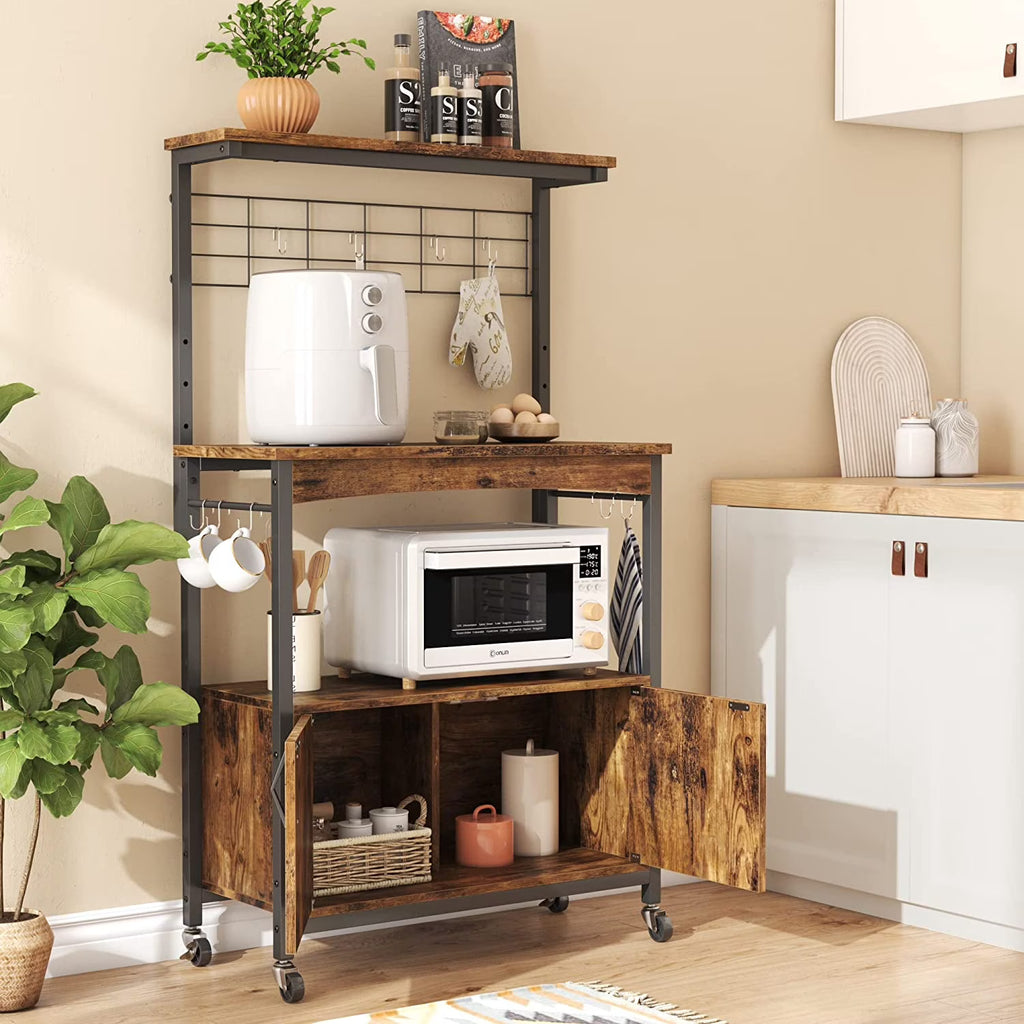 Rustic Brown Bakers Racks with Storage Cabinet, Height-Adjustable 45" to 55" Microwave Stand with Wheels & Feet S37942
