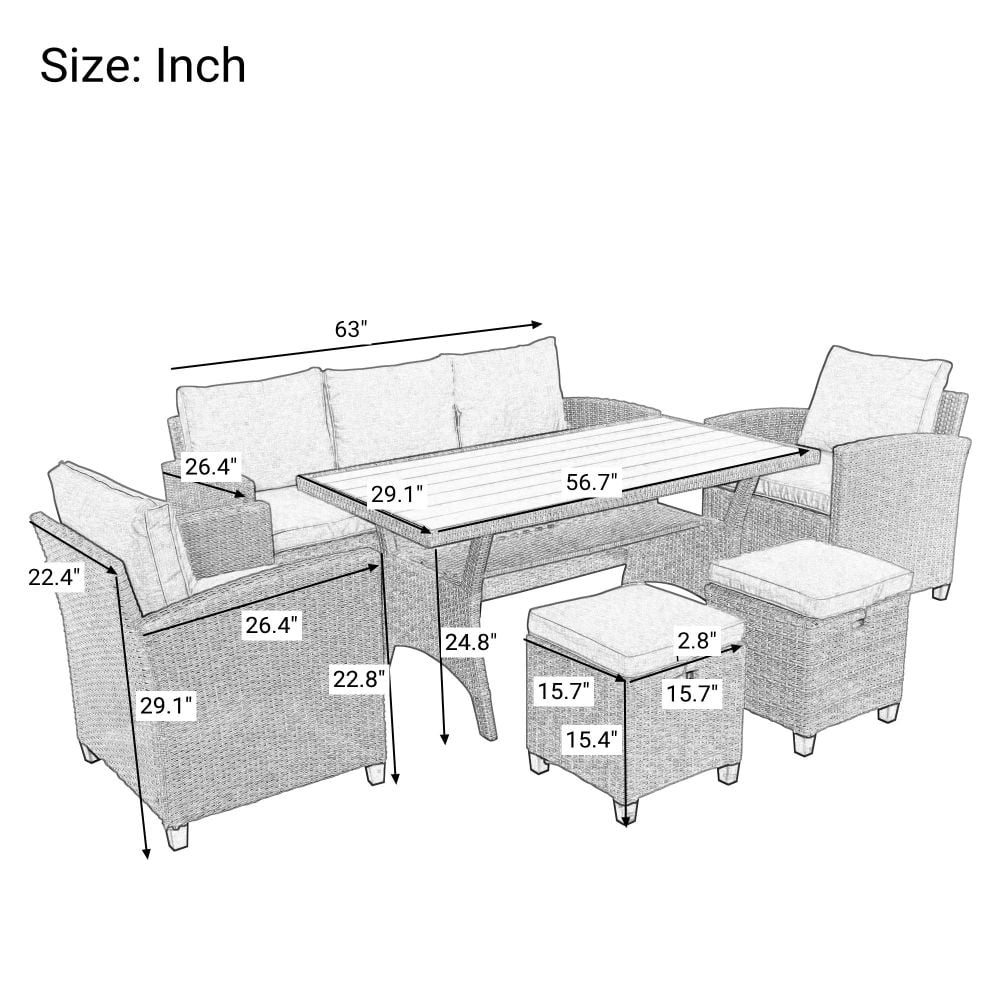 6-Piece Outdoor Rattan Wicker Sofa Chair Stools and Table Y171