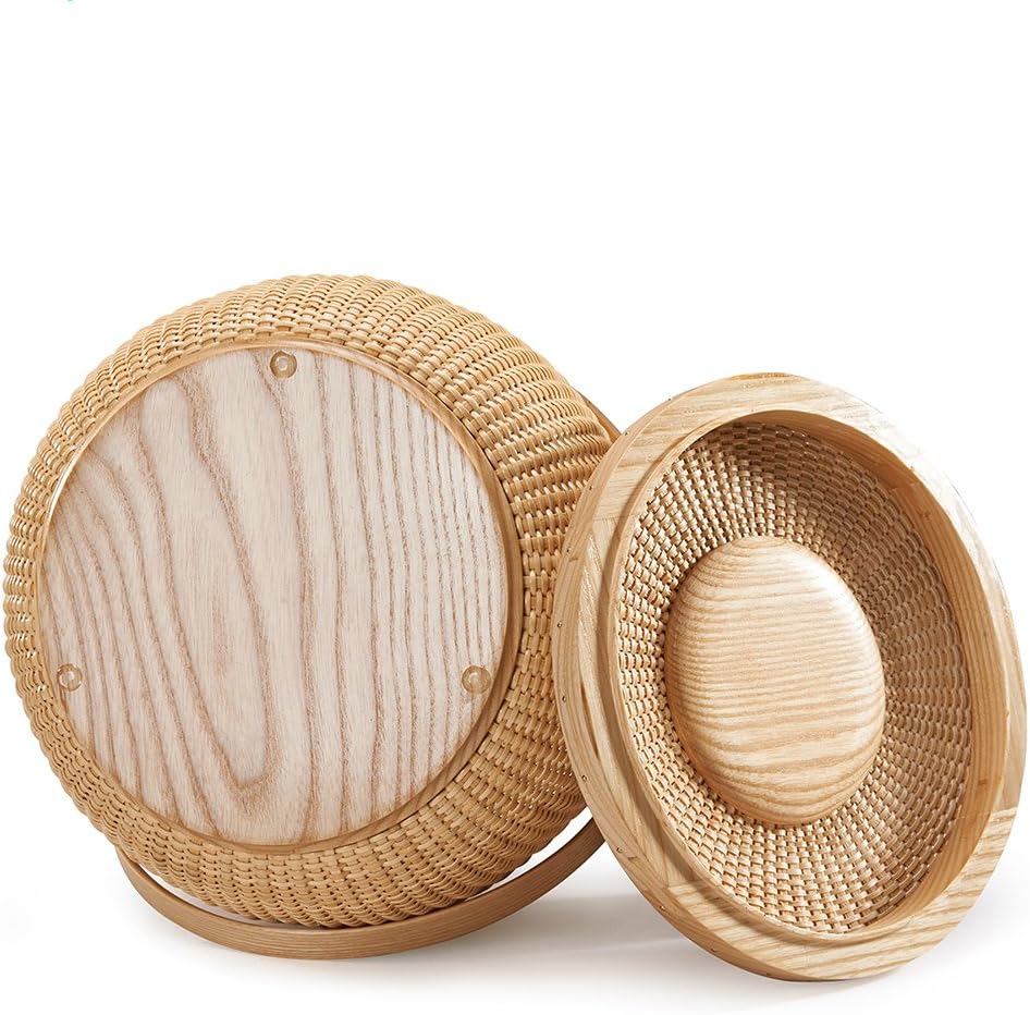 Natural ash wood and cane round baskets with swing handle removable lids F22868