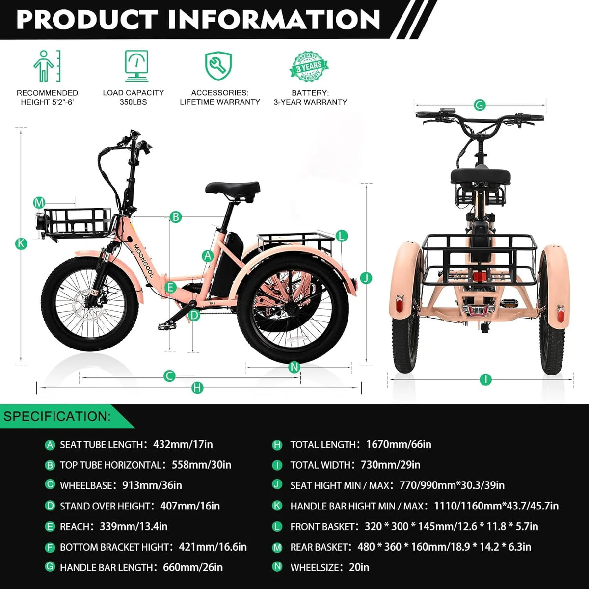 24 26 3 Wheel 350W 36V 7 Speeds Electric Tricycle with Large Basket A33525