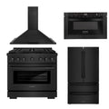 36 in. Gas Range, Range Hood, Microwave Drawer, Refrigerator in Black Stainless I46902