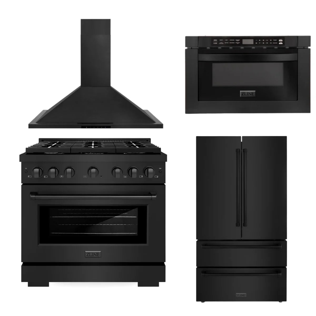 36 in. Gas Range, Range Hood, Microwave Drawer, Refrigerator in Black Stainless I46902