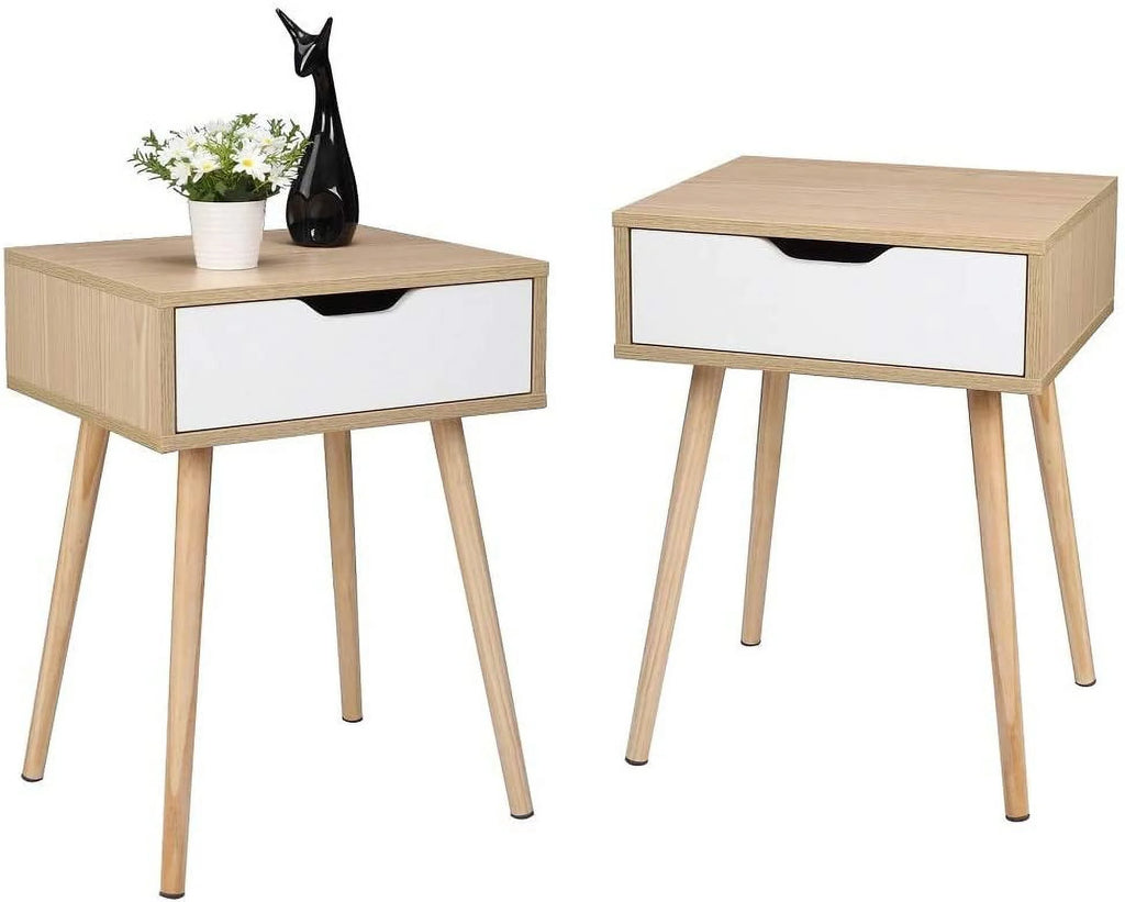 Wood & White Nightstands Set of 2 with Drawer & Solid Wood Legs M879