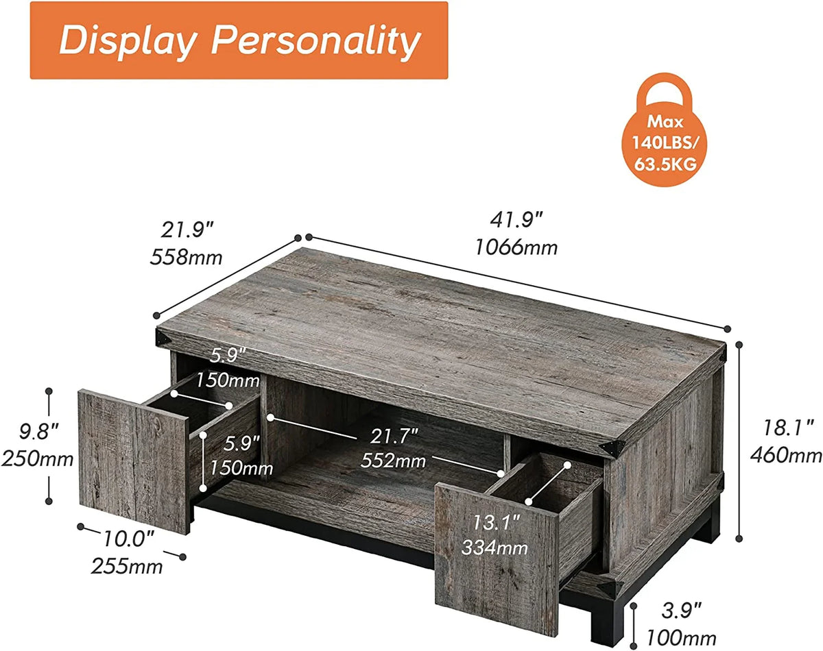 Grey Wood Coffee Table with Drawers and Shelves T3951