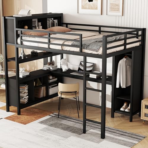 Metal Loft Bed with Wardrobe & L-Shaped Desk, White Queen D3283
