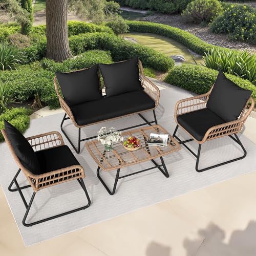 4 Piece Wicker Patio Conversation Set with Cushion & Coffee Table S9879