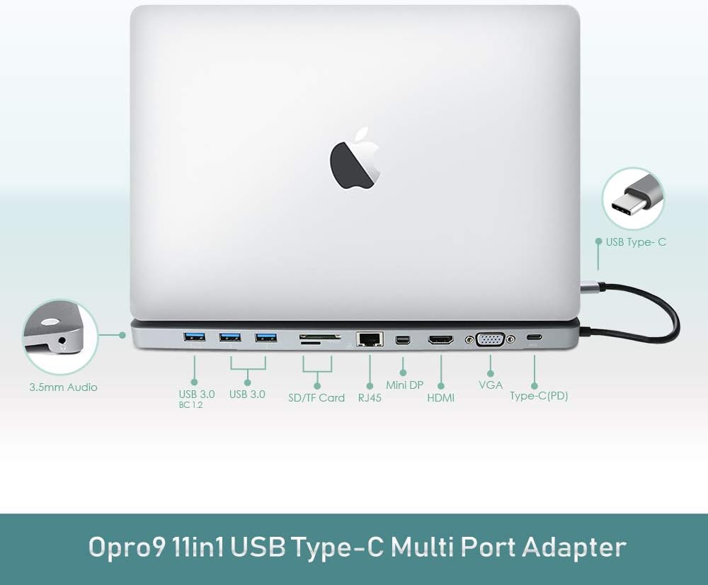 11-in-1 USB C Hub Adapter with HDMI, VGA, MiniDP, SD Card Reader, 3 x USB 3.0 Ports, Gigabit Ethernet, Headphone Jack, Gray W2515