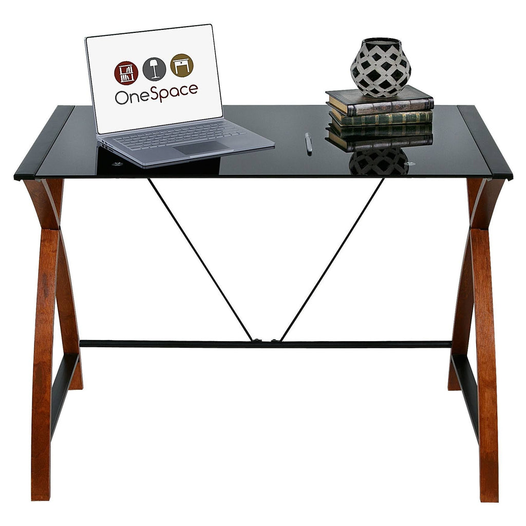 Black Glass and Wood Computer Desk L632987