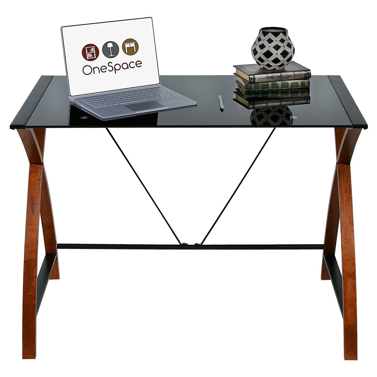 Black Glass and Wood Computer Desk L632987