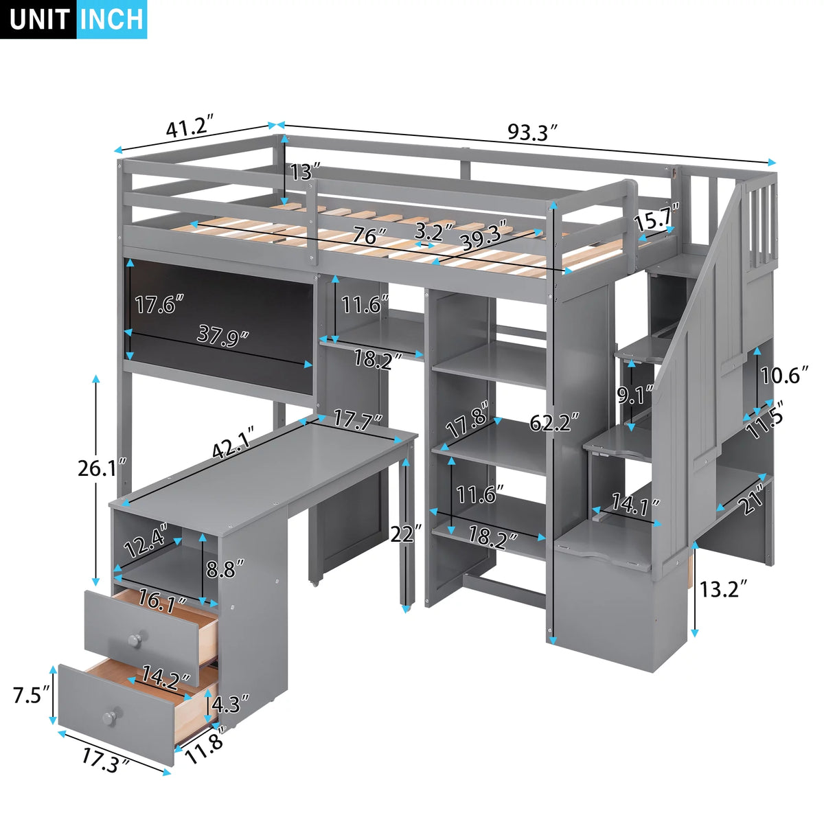 Twin Size Wood Loft Bed with Desk and Storage N88001