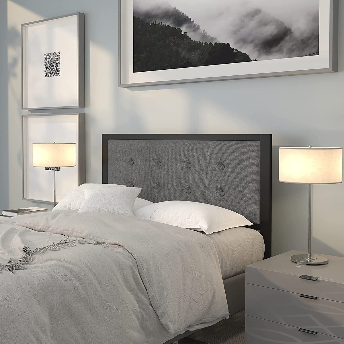 Full Size Upholstered Tufted Dark Gray Headboard J43861