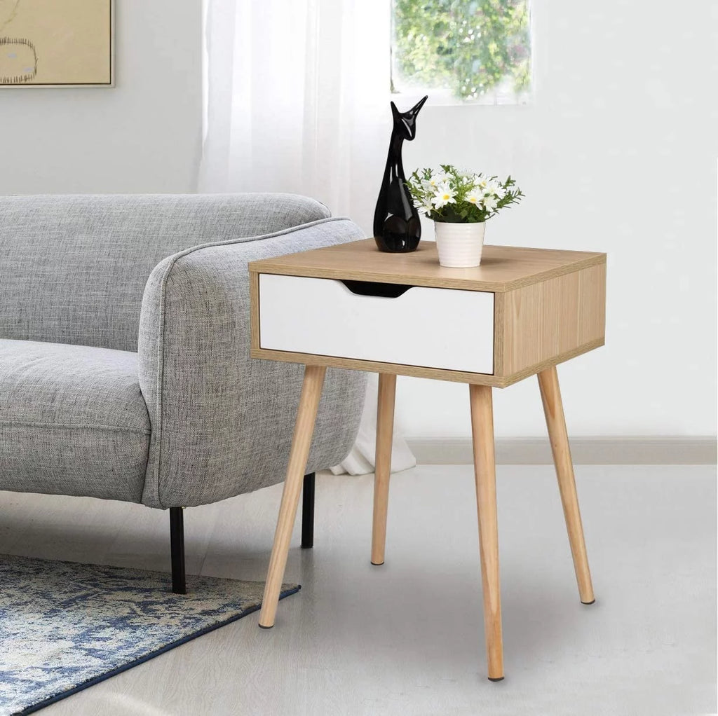Wood & White Nightstands Set of 2 with Drawer & Solid Wood Legs M879