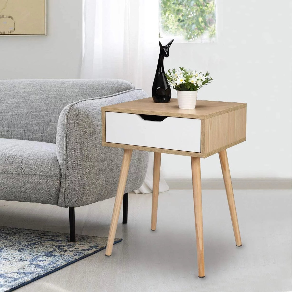 Wood & White Nightstands Set of 2 with Drawer & Solid Wood Legs M879