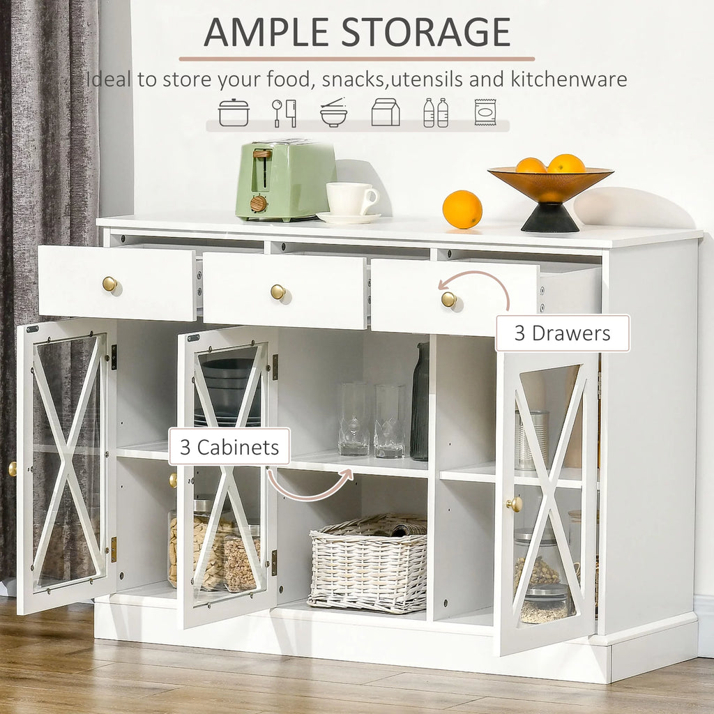White Sideboard Buffet Cabinet with Glass Doors and 3 Drawers B465