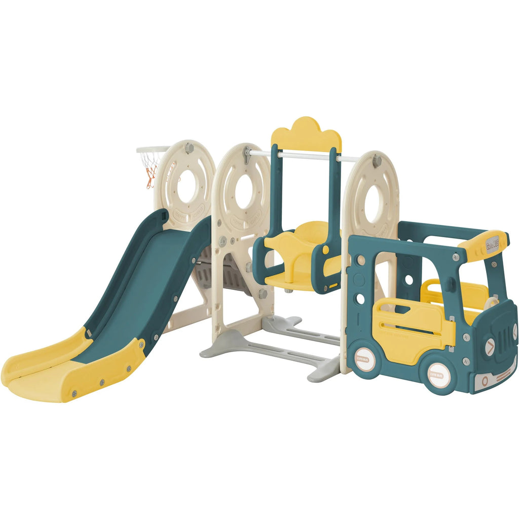 5-in-1 Kids Slide and Swing Set with Bus Playhouse, Basketball Hoop, Climber, Green X582179