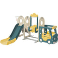 5-in-1 Kids Slide and Swing Set with Bus Playhouse, Basketball Hoop, Climber, Green X582179