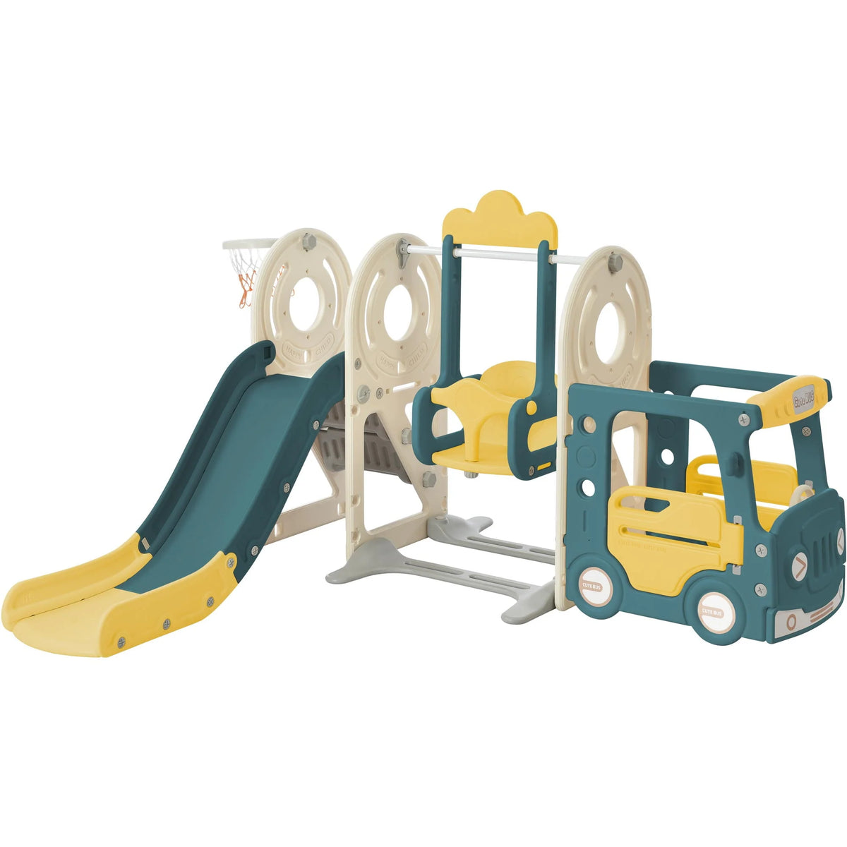 5-in-1 Kids Slide and Swing Set with Bus Playhouse, Basketball Hoop, Climber, Green X582179