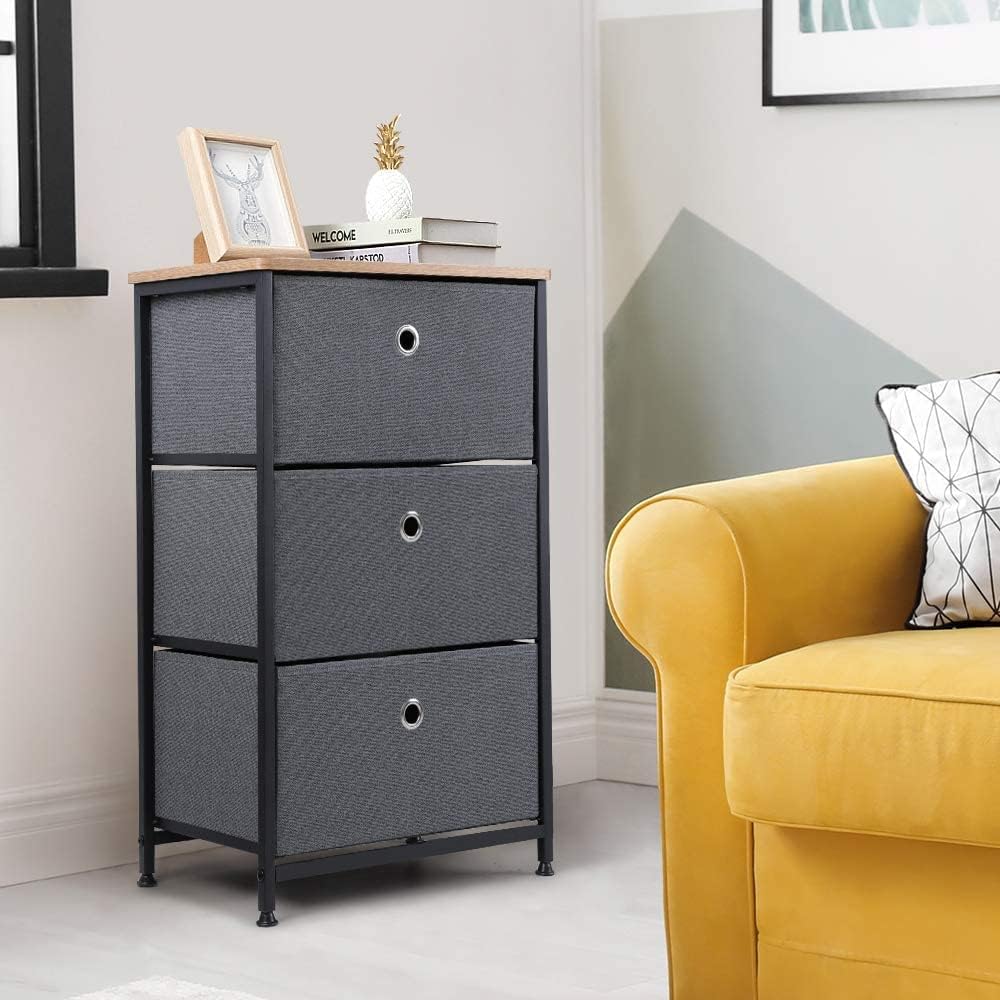 28" Vertical Dresser with 3 Drawers Fabric Nightstand with Steel Frame and Wood Top M9057