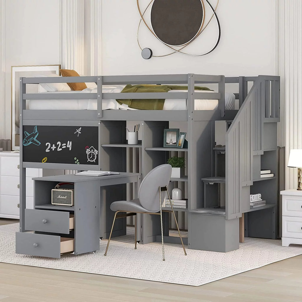 Twin Size Wood Loft Bed with Desk and Storage N88001