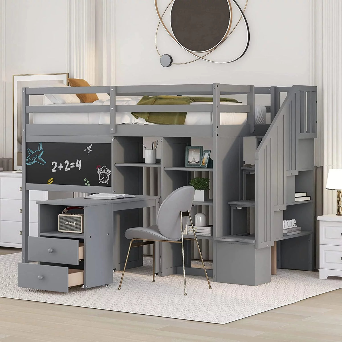 Twin Size Wood Loft Bed with Desk and Storage N88001