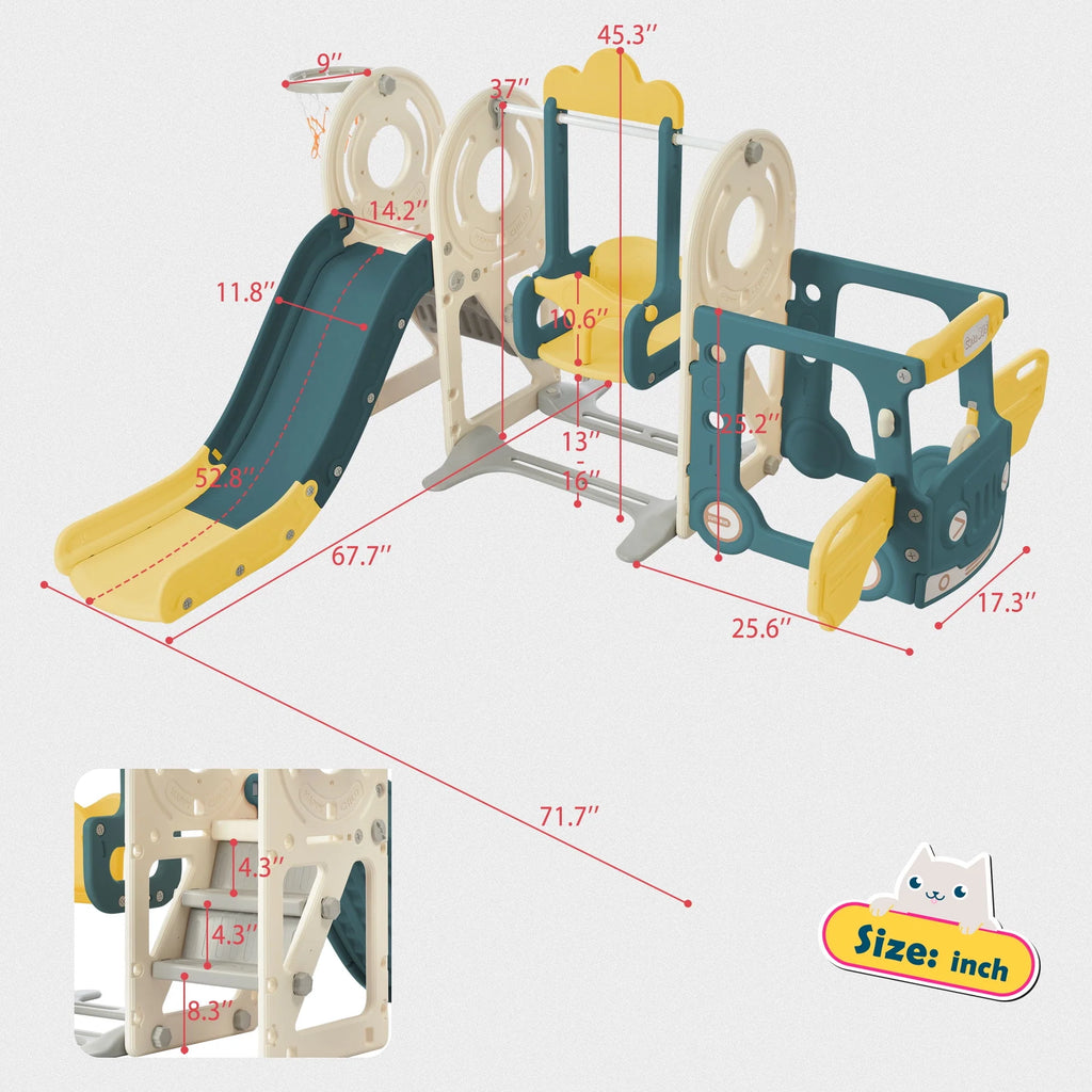 5-in-1 Kids Slide and Swing Set with Bus Playhouse, Basketball Hoop, Climber, Green X582179