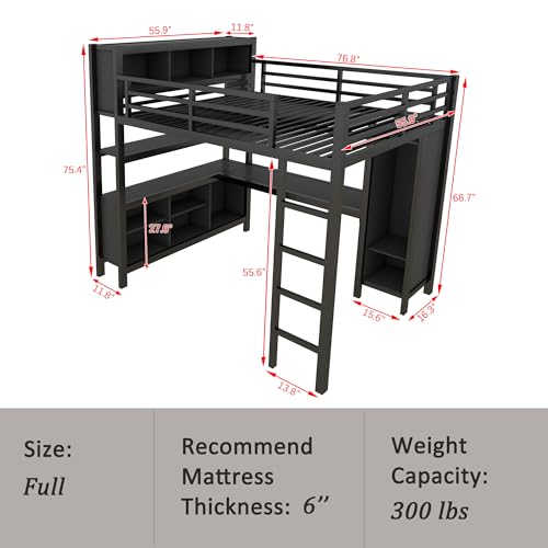 Metal Loft Bed with Wardrobe & L-Shaped Desk, White Queen D3283