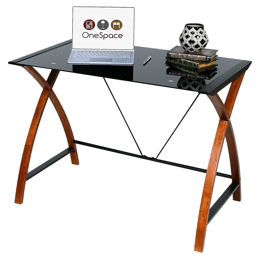 Black Glass and Wood Computer Desk L632987